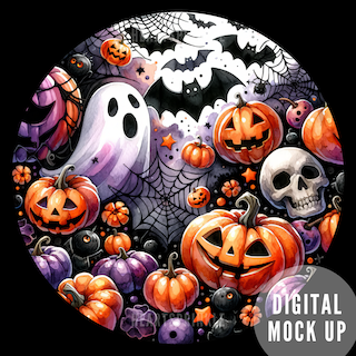Ghosts bats pumpkins watercolor